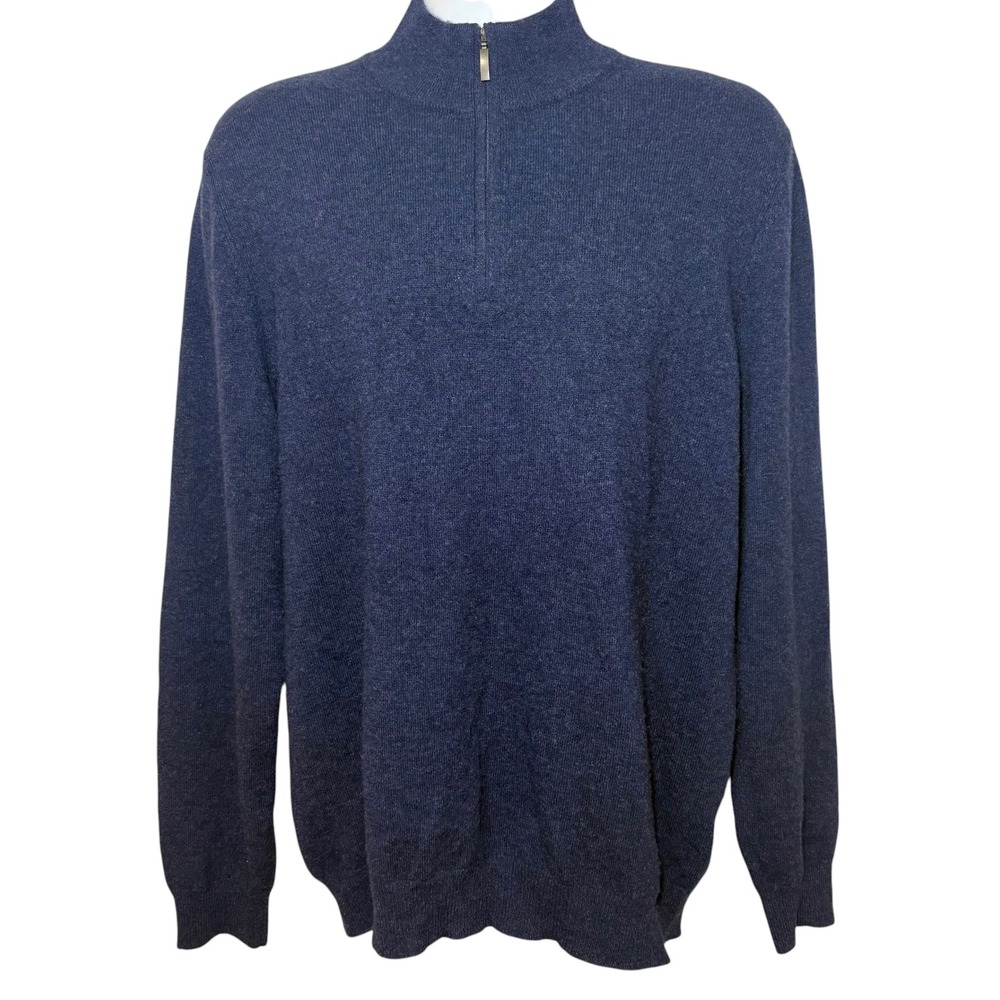 Club Room Luxury Mens L Cashmere Sweater Navy Blue 1/4 Zip Mock Neck Pullover